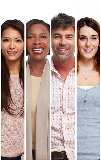 4 people smiling of different races and genders